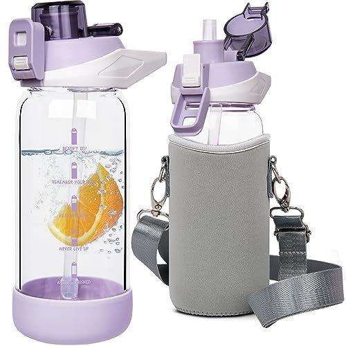 Seekua 0.6l Sport Trinkflasche Glas Flasche mit Strohhalm & Zeitmarkierung für Kinder, Schule 600ml bpa frei Wasserflasche Motivation mit Schutzhülle für Smoothie, Früchte Kohlensäure geeignet