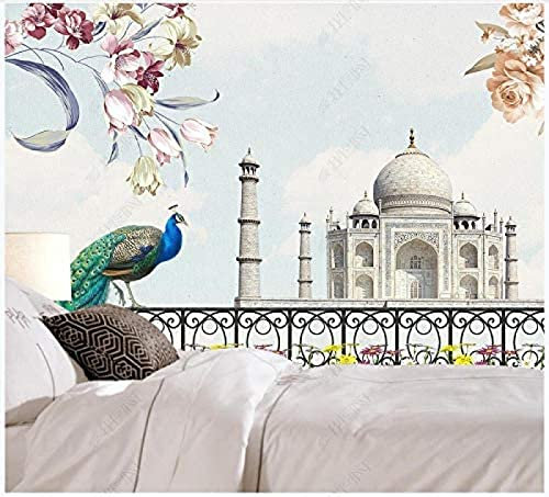 Papel pintado de foto 3D Mural papel pintado Vintage europeo pavo real y Castillo fondo idílico papel tapiz de Decoración Fotomural Sala De Estar Pared Pintado Papel Tapiz No Tejido-430cm×300cm