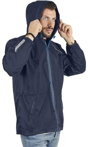 PERLETTI Giacca Impermeabile Uomo Antivento Leggera - Impermeabile Pioggia Sportivo con Cappuccio e Dettagli Catarifrangenti - Trench Giacca a Vento Uomo Antipioggia Corsa Trekking Outdoor (S, Blu)