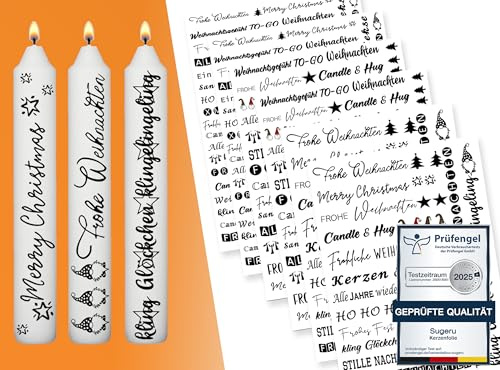 Sugeru® 6 X DIN A5 Weihnachten Kerzenfolie(200+ Muster), Kerzentattoo Wassertransferdruck | Wasserschiebefolie kerzen | Kerzenaufkleber Sticker | Kerzen dekorieren| Kerzen beschriften (Weihnachten Ⅲ)
