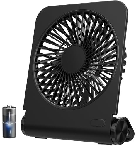 EasyAcc Small Desk Fan, Battery Fan - 2000 Rechargeable Battery,4 Speeds,Super Powerful -Travel Fans for Holiday Portable Strong Wind, Fuly Foldable Table Fan USB C Desktop Fan Bedroom Outdoor Black