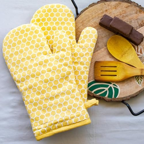 Oak & Lily Set di 2 guanti da forno a microonde con motivo a nido d'ape giallo | 100% cotone, lavabili, resistenti al calore e imbottiti, dimensioni 15 x 30 cm, guanti da forno di qualità europea,