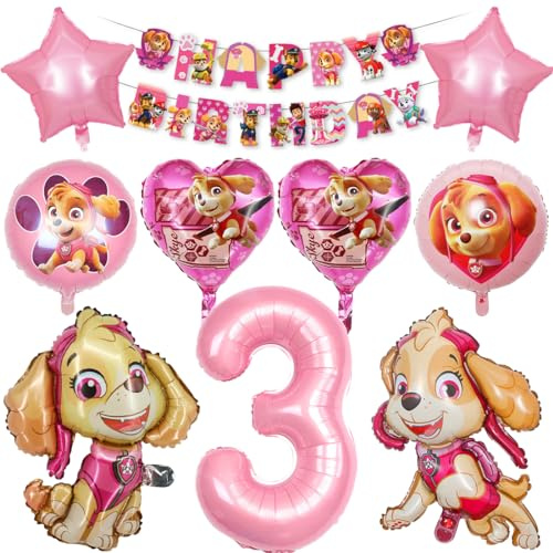 Hund Luftballon Geburtstag Deko 3 Jahre, Kinder Geburtstagsdeko Rosa, Dog Deko Kindergeburtstag für 3 Jahre Mädchen, Folienballons mit Happy Birthday Banner 3. Geburtstag Partydeko