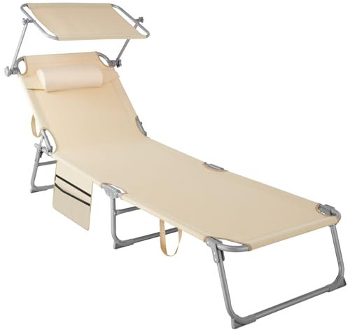 TecTake® Tumbona Jardín Exterior de Acero, Tumbona Plegable con Reposacabezas, Parasol y Bolsillo Lateral, Tumbona Playa Reclinable 6 Posiciones, para Piscina Resistente a Intemperie - Beige