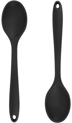 Cooking Spoon 2Pcs 10.8'' Large Serving Spoons Black Heat Resistant Silicone Spoon, Non-Stick Mixing Kitchen Spoons, Premium Silicone Kitchen Utensils for Stirring, Baking & Mixing, Dishwasher Safe