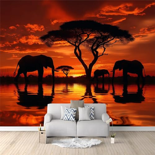 Fotomurales infantiles Elefantes En Savannah Al Atardecer Papel Tapiz 250 x 175 cm Estilo Natural Fotomurales 3D Tv Fondo Pared Moderno Dormitorio Murales Fotomurales Decorativos