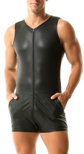 YUFEIDA Men's Faux Leather Undershirts One Piece Bodysuit Leotard Jumpsuits Wrestling Singlets Party Club Casual Onesies Shapewear Zipper Pockets Sleeveless Wetlook Undershirts for Men Black