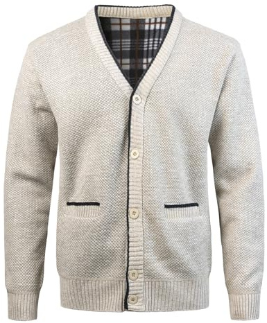 KTWOLEN Herren Strickjacke V Ausschnitt Fleecejacke Wintermantel Sweatjacke Cardigan Trachtenjacke Warme Winterjacke mit Knopfverschluss und Taschen, Beige, L