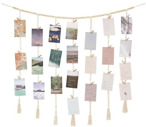 Mkono Makrame Hängende Foto-Display Boho Wand Dekor, Holz Perlen Girlande Bild Karte Collage Rahmen Halter mit 45 Clips für Schlafzimmer Wohnzimmer Schlafsaal, Teen Teenage Mädchen Geschenke