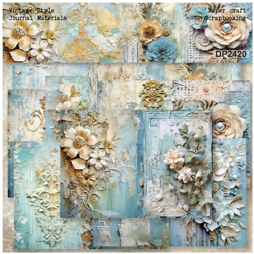 ZAKHSE Motivpapier Designpapier, 24 Blätter Gestickte Blumenmuster Design Papier Einseitig Bedruckt Scrapbook Papier, 21×14,5cm Bastelpapier DIY Kartengestaltung Scrapbook Zubehör-8 Muster- Blau