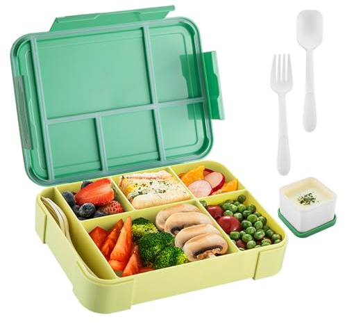 Brotdose Kinder mit Fächern 1330ml, Lunchbox Kinder mit 5 Fächern, Bento Box 100% BPA Frei für Kinder Erwachsene Auslaufsicher für Schule Kindergarten Picknick Ausflüge, Grün