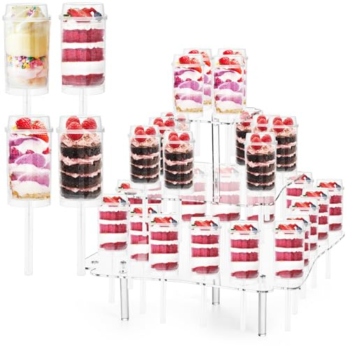 TOPZEA Paquete de 32 recipientes para tartas y 32 agujeros de acrílico transparente para tartas, taza de plástico reutilizable con forma redonda con tapas y soporte para golosinas para bodas,