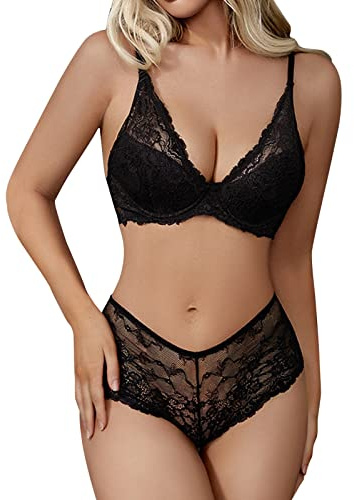 Shorty Noir Femme Danse Dentelle Européenne Et Épissage Poitrine Coussin Rassemblement Soutien-Gorge Supérieur Ensemble Beau Dos Sexy V Profond Grande Taille sous-Vêtements Femmes Lingerie (Black, L)
