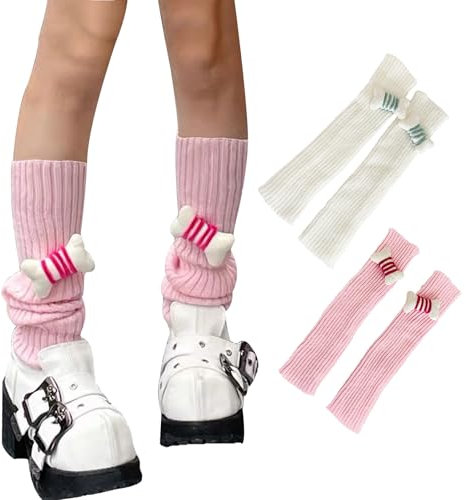 Leoparts Beinstulpen für Damen, 80er Jahre, gerippt, gestrickt, Beinstulpen für Tanz, Yoga, Sport, Cosplay, Kostüm, Party-Zubehör, Knochen - Weiß + Rosa, Einheitsgröße
