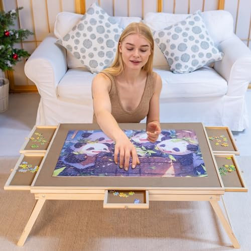 1500 Piece Wooden Folding Puzzle Table with Legs, 27 x 35 Jigsaw Wooden Puzzle Board with 6 Sliding Drawers and Puzzle Cover Jigsaw Puzzle Table for Adults Birthday Gift for Family