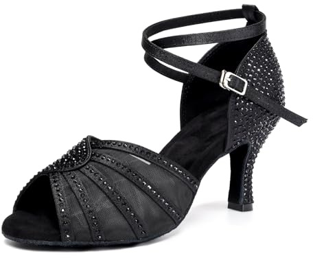RUYBOZRY Scarpe da Ballo Latino Americano Donna Scarpe Ballo Salsa de Bachata con Strass,Nero,EU 40