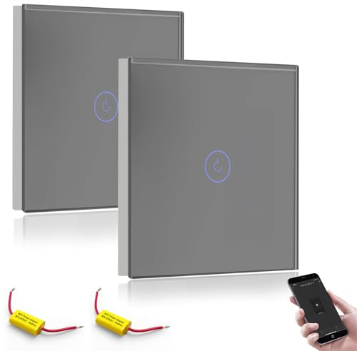 BSEED Smart Interruptor, WiFi Interruptor 1 Gang 2 Vías Funciona con Alexa y Google Home, Interruptor Táctil con Control Smart Life y Función de Temporización Gris(SIN cable neutro)2 Piezas