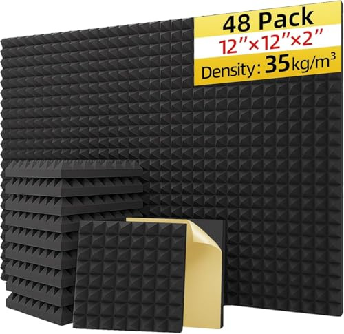 Upgraded 48 Pack Self-Adhesive Acoustic Panels,35kg/m³ High-Density Sound Proof Foam Panels for Walls, 2 X 12 X 12 Fast Expand Soundproof Wall Panels-Absorbs Sound & Eliminates Echoe
