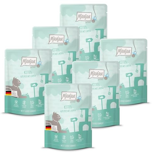 MjAMjAM - Premium Nassfutter für Katzen - Quetschie - Kitten gute Pute mit Lachsöl, 6er Pack (6x300g), getreidefrei