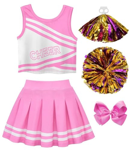 JerrisApparel Costume Cheerleader Fille Enfant Uniforme Cheerleading Ensemble Déguisement avec Pompons (110, Rose)