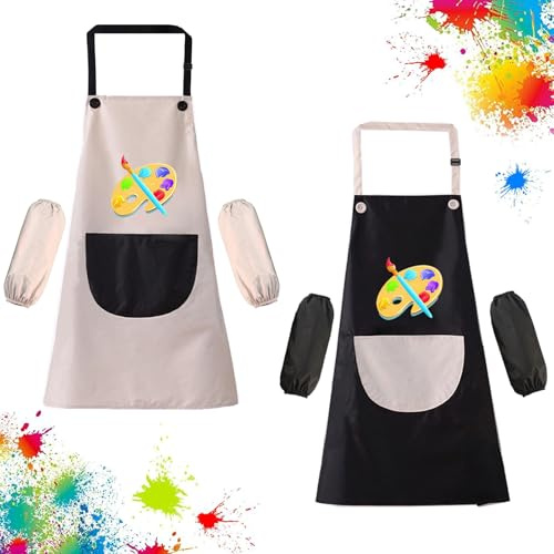 Tcdwla Bata Pintura Niños, 2 Set Delantal Niña, Delantal Infantil Delantal de Cocina Ajustable Impermeable para Niños con 4 Mangas para Pintar Artes y Manualidades Escolares(7-13años) (Negro/Gris)