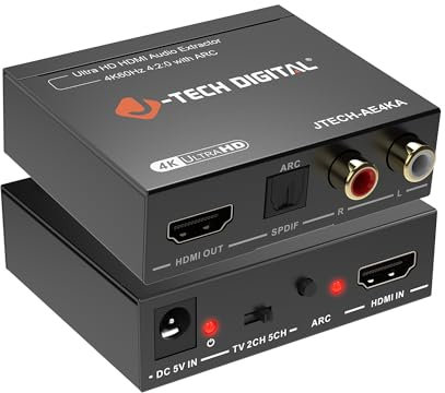 J-Tech Digital Estrattore audio HDMI 4K 60Hz e supporto ARC, da HDMI a RCA ottico compatibile con Dolby Digital DTS Stereo per console di gioco Blu-Ray laptop (JTECH-AE4KA)