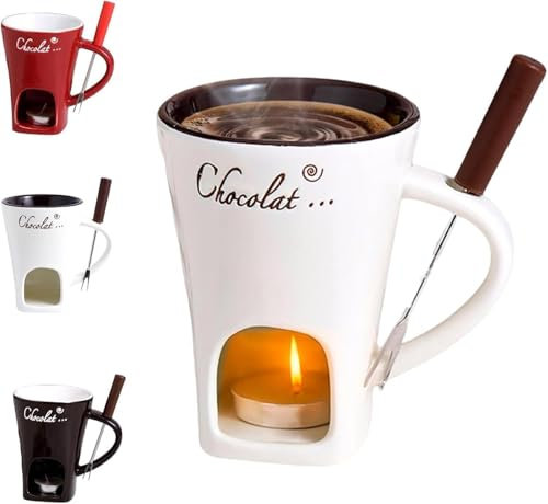 Chocolate Fondue Mug with Forks, Chocolate Melting Cup, Ceramic Butter Warmers Pot Set, Personal Cheese Melting Cup, Fondue Heated with a Tealight, Warmer Mug for Candy Snack Caramel Party (Beige)