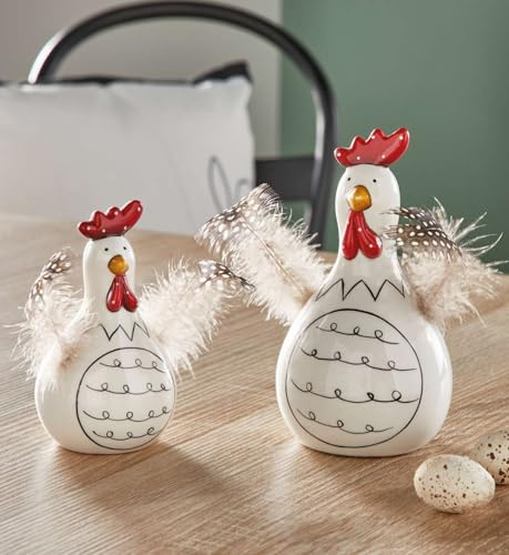 Dekoleidenschaft 2X Dekofigur Huhn Federn aus Porzellan, weiß glänzend, 12 + 16 cm hoch, Osterdeko, Tischdeko, Dekohühner