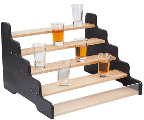 NBEADS 5-Tier Shot Glass Display Rack, Wooden Liquor Shelf with Acrylic Baffle Display Rack Shot Tiered Spice Rack Shot Glasses Holder for Kitchen,Home and Bar, Burlywood, 33x22.8x30.5cm