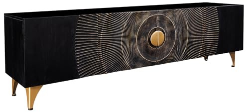 TV-Lowboard GOLDEN SUNSET - 180cm - schwarz gold - Mangoholz Soft Close | Handgefertigtes Unikat, montiert geliefert, praktischer Stauraum, hohe Belastbarkeit, stabiles Metallgestell, Soft Close