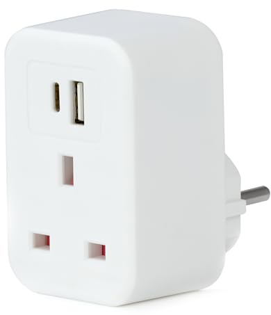Status UK to EU Travel Adaptor, USB-A & USB-C Ports, White | 2 USB ports, 1 way travel plug, phones, tablets, EU trips, pack of 1 - S2USBACEURO1PK6