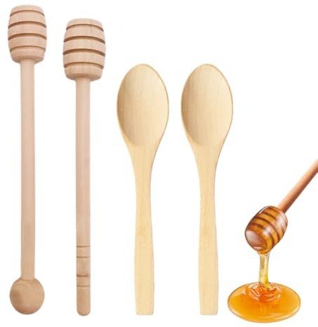 YAPKOLV Juego de 4 utensilios para miel en madera natural (2 palos + 2 cucharas)