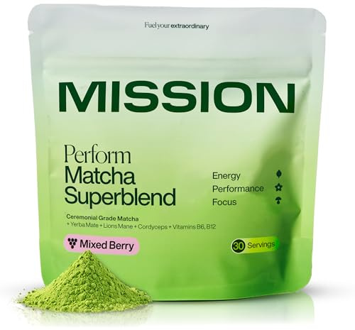 MISSION - Perform Matcha Superblend - 30 Servings - Natural Berry Flavour - Ceremonial Grade Matcha, Yerba Mate, Lion’s Mane & Cordyceps