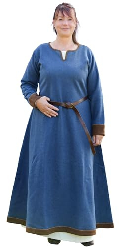 Battle-Merchant – vikingaklänning lykka av ullblandning, tung medeltida klänning, ullklänning, blå melerad, långärmad, golvlång – reenactment & LARP, Blå/brun, XL