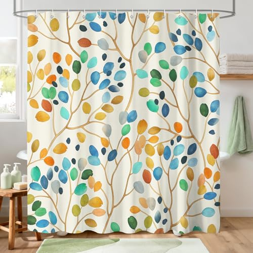 Hopomoon Cortina de Ducha artística 180 x 180 cm Estampado Multicolor de Hojas Estilo Acuarela Cortina de baño Repelente al Agua Cortina de Ducha Colorida para Estar de Buen Humor