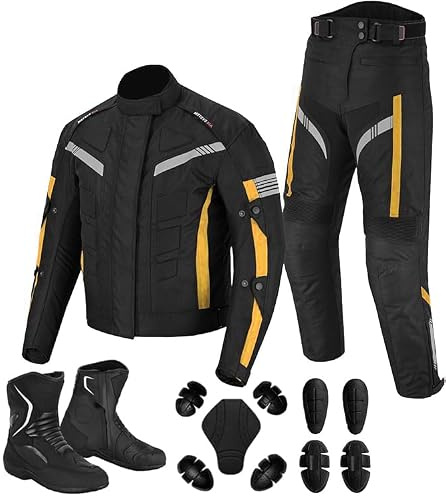 Vaster Moto Herren-Motorradanzug, wasserdichte Motorradjacke mit Hose und Stiefeln, CE-zertifizierter, gepanzerter Cordura-Anzug mit herausnehmbaren Protektoren (Orange, L)