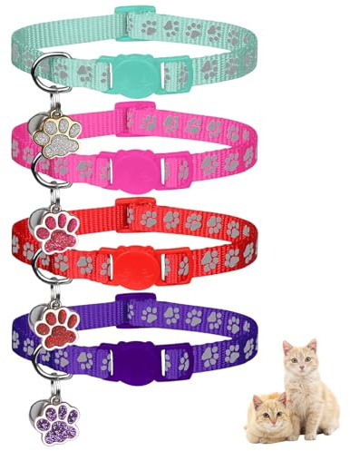 Aribliseza Katzenhalsband, 4 Stück Reflektierend, Sicherheitsverschluss, Glocke/Pfotenanhänger, 6-9 Zoll (Lila/Hotpink/Rot/Teal)