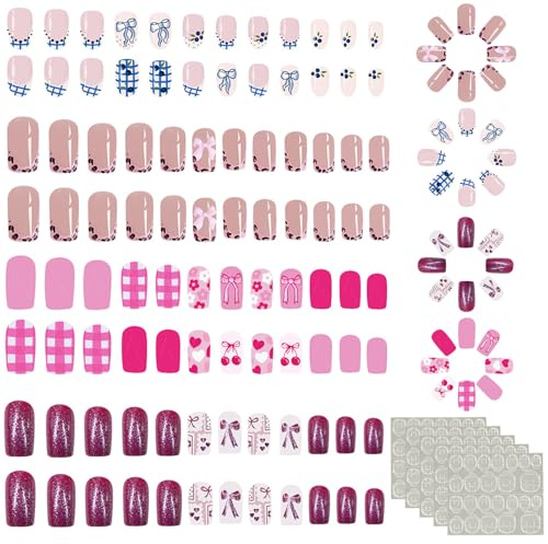 96 Stück Fingernägel zum Aufkleben Set, 4 Designs Nägel Zum Aufkleben | Niedliche Schleifchen Falsche Nägel, Französisch Künstliche Fingernägel für Frauen Mädchen, Nägel auf die Finger Fake