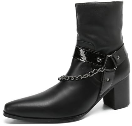 Yhsdfcn Bottes Homme Talon Haut Carré Laquées Noires – Chaîne Métal Rock Gothique Mid-Calf