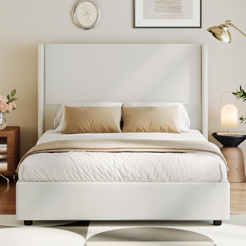 CarterChairr Queen Size Bed Frame Linen Fabric Upholstered Platform with 55.51 Tall Headboard Wingback and Wooden Slats Support, Non-Slip, No Box Spring Needed, Easy Assembly, Beige