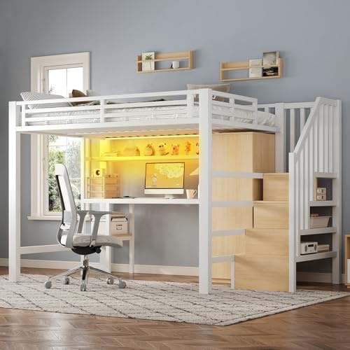 Kebnor Cama alta de metal 140 x 200 cm con escritorio, estantería, armario y escalera de almacenamiento (blanco)