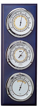 RELOJESDECO Nautische Wetterstation, Barometer und Wetterstation aus lackiertem Holz, maritimes blau lackiert, 40 cm, Barometer, Hygrometer, Thermometer.