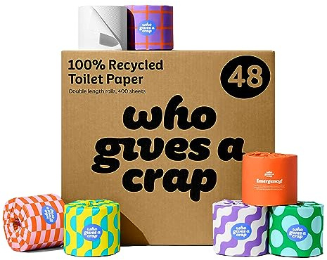 Who Gives A Crap – 100% Recycled, Twice as Long, Sustainable Toilet Roll, Box of 48 (3-Ply, 400 Sheets) - Soft, Strong, Sustainable