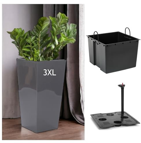 MELTOM XXL Pflanzkübel mit Bewässerungssystem aus Kunststoff in Hochglanz Farbe: Anthrazit mit Herausnehmbaren Einsatz, BxTxH in cm: 39 x 39 x 75 cm