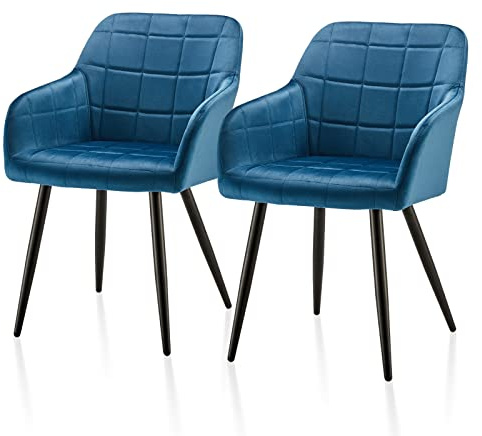 TUKAILAI Esszimmerstühle Set Samt mit Armlehne und Rückenlehne,Küchenstuhl Polsterstuhl Wohnzimmerstuhl Sessel Polstersessel Stuhl,Gepolsterter Sitz,Metallbeine,Armlehnstuhl Sessel (Samt×2, Blau)