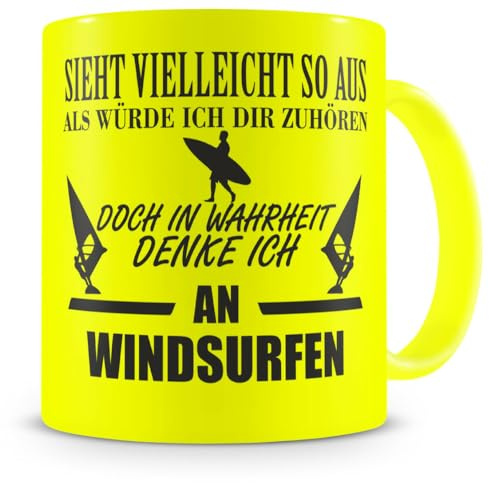 Samunshi® Ich denke an Windsurfen Tasse Kaffeetasse Teetasse Kaffeepott Kaffeebecher Becher 300ml neon gelb