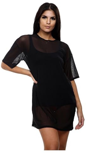 janisramone Haut en résille à manches courtes pour femmes T-shirts surdimensionnés en maille transparente pour femmes Tunique longue douce et confortable Tops amples pour femmes UK - T-shirts