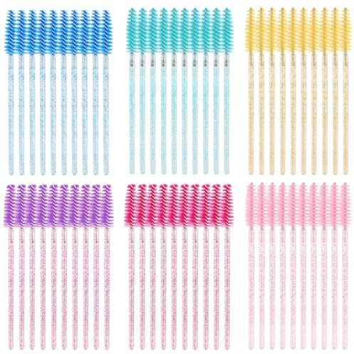SWKJ 60 PCS Disposable Eyelash Brushes, Spoolies Eyebrow, Mascara Wands Applicator Lash Brushes Castor Oil Brush Cosmetic Makeup Tools(Crystal Mixed colors)