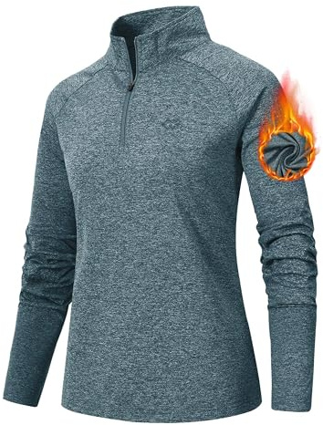AjezMax Women Zip Lightweight Running Top Long Sleeve Yoga Workout Fitness T-Shirts Warm Base Layer Sportswear Clothing Sea-Blue Size M