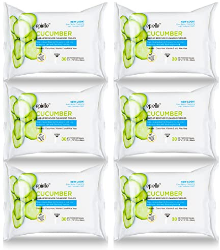 Epielle Cucumber Makeup Remover Wipes, Gentle Daily Facial Cleanser Towelettes, Remove Dirt, Oil & Waterproof Mascara, Stocking Stuffers, 30 Count (Pack of 6)